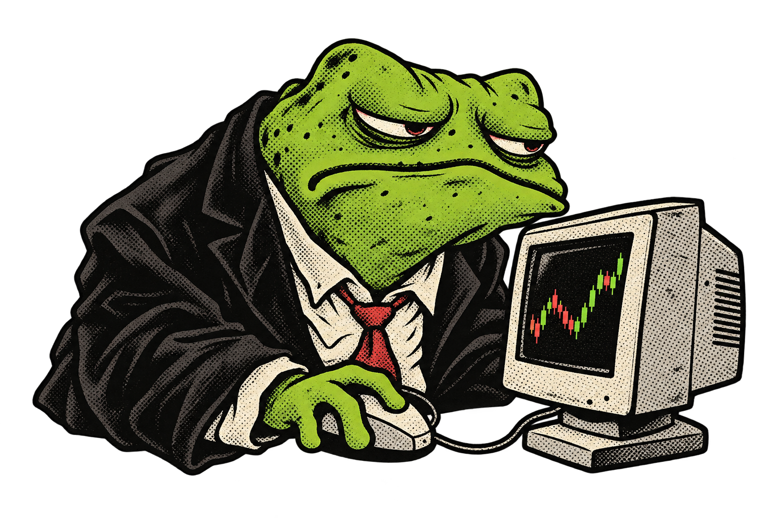 An unimpressed frog trader at a vintage monitor